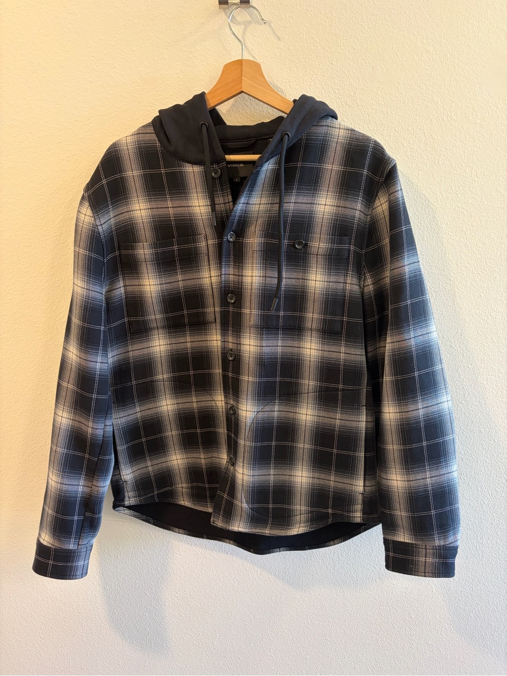 Vince Black and White Plaid Hooded Shirt Jacket